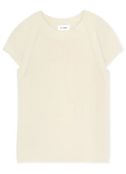 Outlet St. John Cap Sleeve Rib Knit Top Ecru