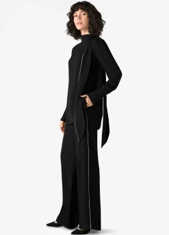 New St. John Crepe Tie Neck Blouse Black/Ecru