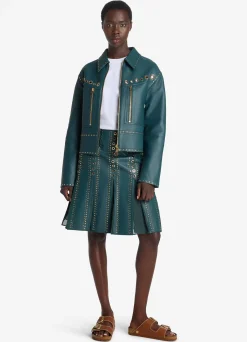 Sale St. John Doubleface Leather Embellished Jacket Prussian Blue