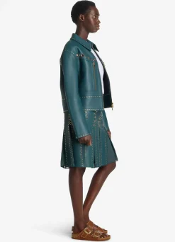 Sale St. John Doubleface Leather Embellished Jacket Prussian Blue