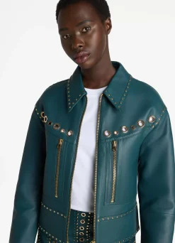 Sale St. John Doubleface Leather Embellished Jacket Prussian Blue