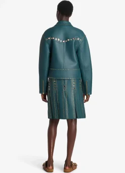 Clearance St. John Doubleface Leather Embellished Skirt Prussian Blue