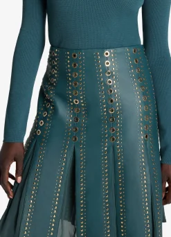 Clearance St. John Doubleface Leather Embellished Skirt Prussian Blue