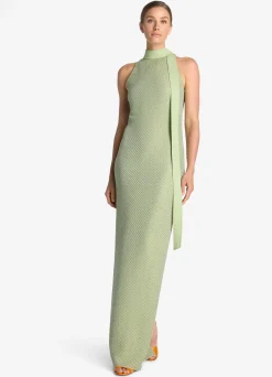 Best St. John Halter Stretch Sequin Twill Knit Gown Chartreuse/Mint Multi
