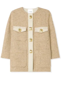 Sale St. John Italian Tweed Contrast Trim Long Jacket Light Sand