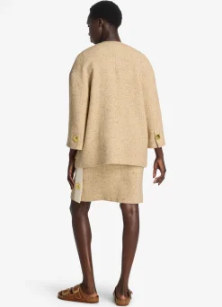 Sale St. John Italian Tweed Contrast Trim Long Jacket Light Sand