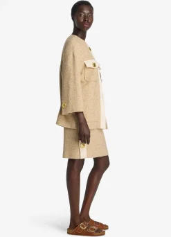 Sale St. John Italian Tweed Contrast Trim Long Jacket Light Sand