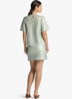 Clearance St. John Lacquered Crochet Knit Top Pale Lime