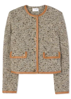 New St. John Leather Trim Multicolor Boucle Tweed Jacket Camel/Ecru Multi
