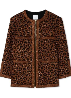St. John Leopard Sequin Knit 3/4 Sleeve Jacket Caramel/Copper Multi