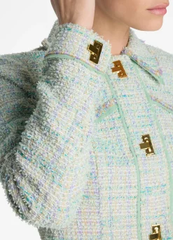 St. John Light Textured Eyelash Tweed Short Jacket Mint/Ecru Multi