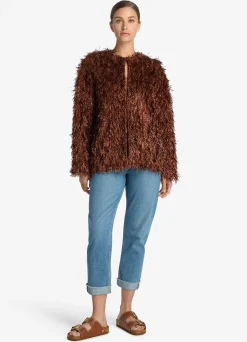 Hot St. John Metallic and Sequin Faux Fur Jacket Brick/Copper Multi