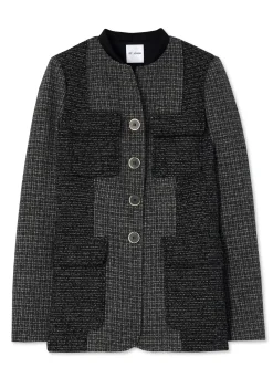 Best St. John Micro Pattern Tweed Patched Jacket Dark Heather Gray/Ecru/Black Multi