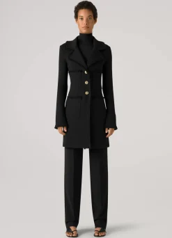 New St. John Milano Pique Knit Fit Flare Topper With Knit Fringe Trim Caviar