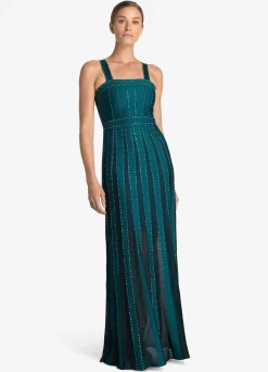 Discount St. John Mixed Knit Embellished Gown Teal