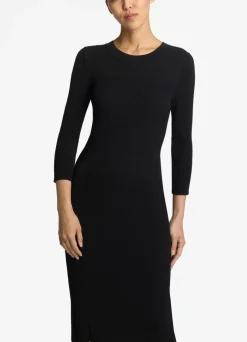 New St. John Mixed Rib 3/4 Sleeve Dress Black