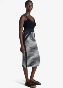 Hot St. John Mixed Stretch Knit Dress Black/Ivory Multi