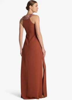 Outlet St. John Satin Back Crepe Embellished Collar Dress Brick/Cranberry Multi