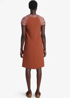 Online St. John Satin Back Crepe Embellished Collar Short Dress Brick/Cranberry Multi