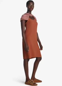 Online St. John Satin Back Crepe Embellished Collar Short Dress Brick/Cranberry Multi