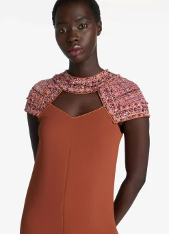 Online St. John Satin Back Crepe Embellished Collar Short Dress Brick/Cranberry Multi