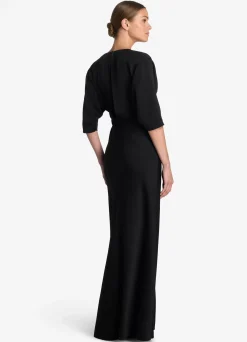 Sale St. John Satin Back Crepe V-Neck Gown Black