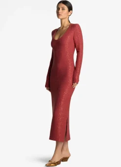New St. John Sequin Knit V-Neck Dress Rose