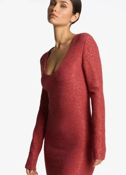 New St. John Sequin Knit V-Neck Dress Rose