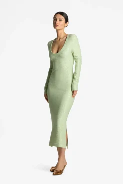 Discount St. John Sequin Knit V-Neck Dress Spruce