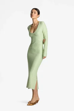 Discount St. John Sequin Knit V-Neck Dress Spruce