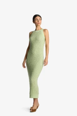 Discount St. John Sparkle Crochet Knit Dress Pale Lime
