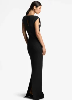St. John Stretch Lurex Piqué Cap Sleeve Gown Black