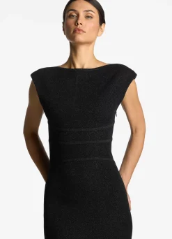 St. John Stretch Lurex Piqué Cap Sleeve Gown Black
