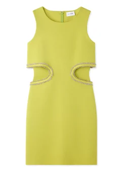 Sale St. John Stretch Viscose Cut-Out Top Frame Dress Chartreuse
