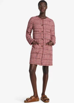 St. John Textured Slub Tweed Long Jacket Cranberry/Ecru/Brick Multi