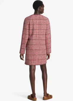 St. John Textured Slub Tweed Long Jacket Cranberry/Ecru/Brick Multi