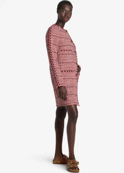 St. John Textured Slub Tweed Long Jacket Cranberry/Ecru/Brick Multi